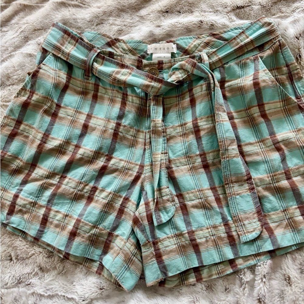 Tweeds Aqua Teal and Tan Plaid Shorts. Metallic stitching and Flap pockets